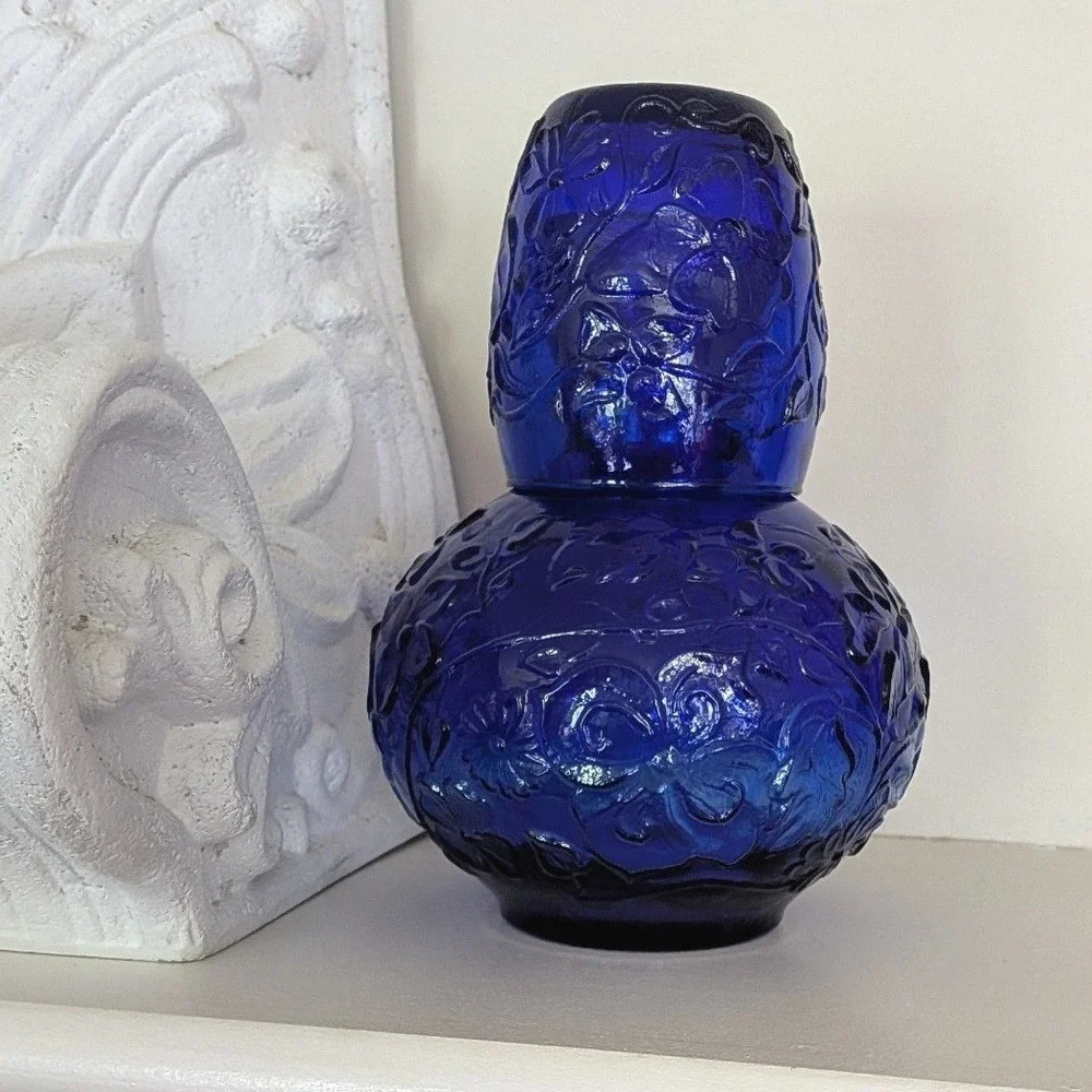 Vtg Fenton Cobalt Blue Glass Bedside Tumble-Up Set Decanter Floral Pattern 2pc